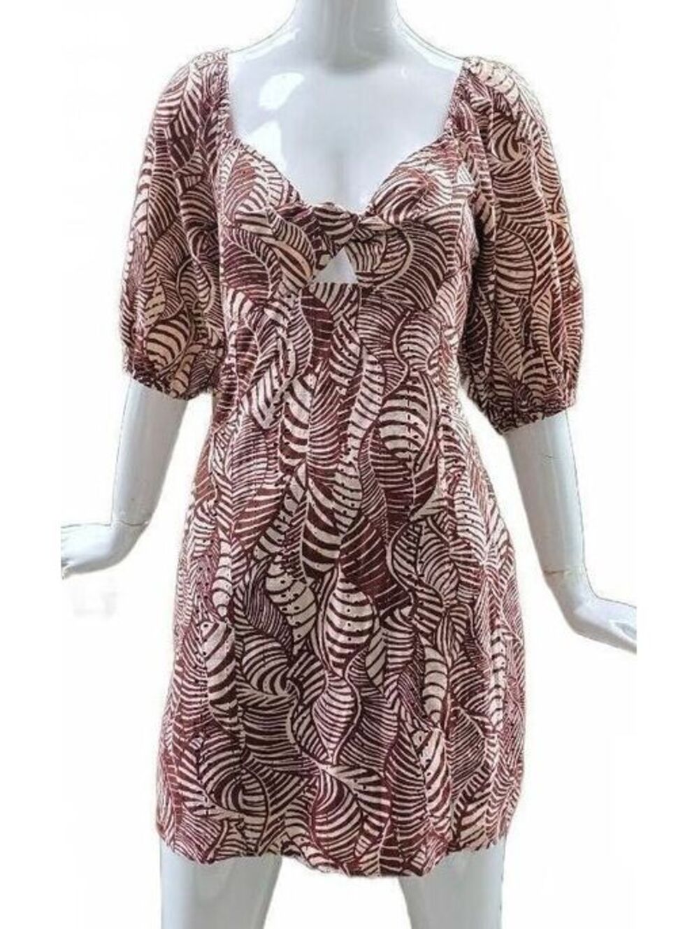 MNG Boho Brown Palm Leaf Cotton Eyelet Smocked Cutout Milkmaid Mini Dress L  NWT